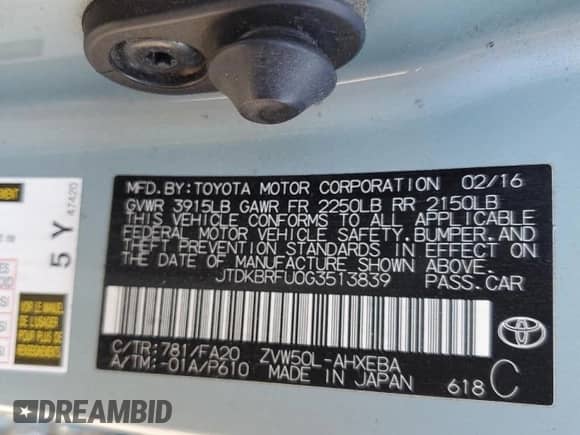 2016 Toyota Prius Two with VIN JTDKBRFU0G3513839, listed as a Copart auction lot 67841095 with 213,395 mi miles and Salvage title. Bid and sale history available at DreamBid. Image 12.