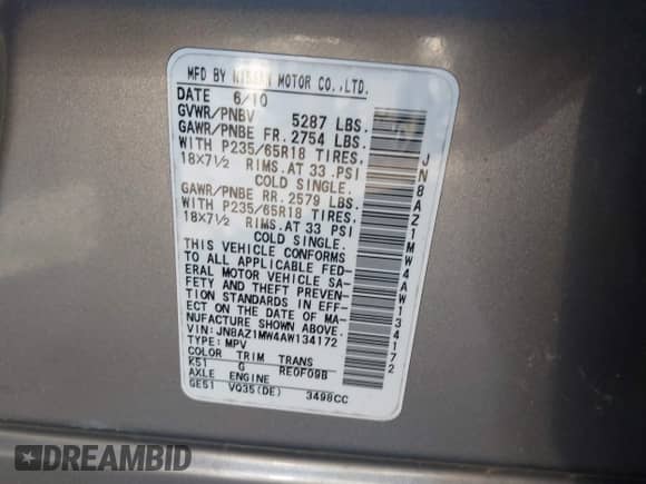 2010 Nissan Murano SL с VIN JN8AZ1MW4AW134172, выставлен на аукционе IAAI как лот 43486310 с пробегом Не указан миль и . История ставок и продаж доступна на DreamBid. Изображение 9.