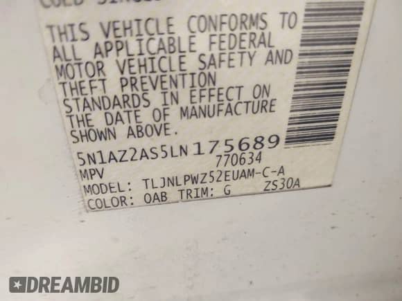 2020 Nissan Murano S with VIN 5N1AZ2AS5LN175689, listed as a IAAI auction lot 42561818 with 62,097 mi miles and . Bid and sale history available at DreamBid. Image 9.