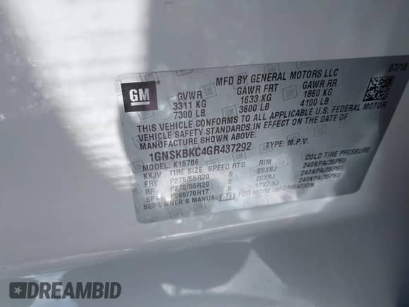2016 Chevrolet Tahoe LT с VIN 1GNSKBKC4GR437292, выставлен на аукционе IAAI как лот 42212708 с пробегом 120 307 миль миль и . История ставок и продаж доступна на DreamBid. Изображение 9.