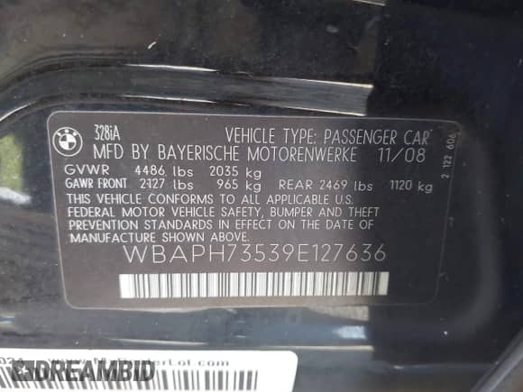 2009 BMW 3 Series 328i z VIN WBAPH73539E127636, wystawiony jako IAAI lot #43388990 z przebiegiem 117 602 mil mil oraz . Historia ofert i sprzedaży dostępna na DreamBid. Obrazek 9.