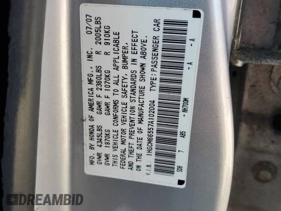 2007 Honda Accord EX-L с VIN 1HGCM66557A102004, выставлен на аукционе Copart как лот 82704105 с пробегом 206 915 миль миль и Чистый • Clean title. История ставок и продаж доступна на DreamBid. Изображение 12.