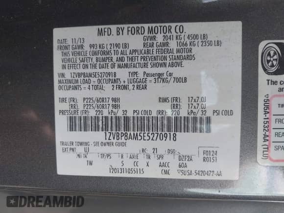 2014 Ford Mustang Premium with VIN 1ZVBP8AM5E5270918, listed as a IAAI auction lot 42807083 with 111,001 mi miles and . Bid and sale history available at DreamBid. Image 9.