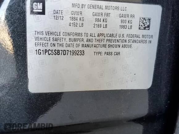 2013 Chevrolet Cruze 1LT with VIN 1G1PC5SB7D7199233, listed as a Copart auction lot 67107355 with 131,713 mi miles and Salvage title. Bid and sale history available at DreamBid. Image 13.