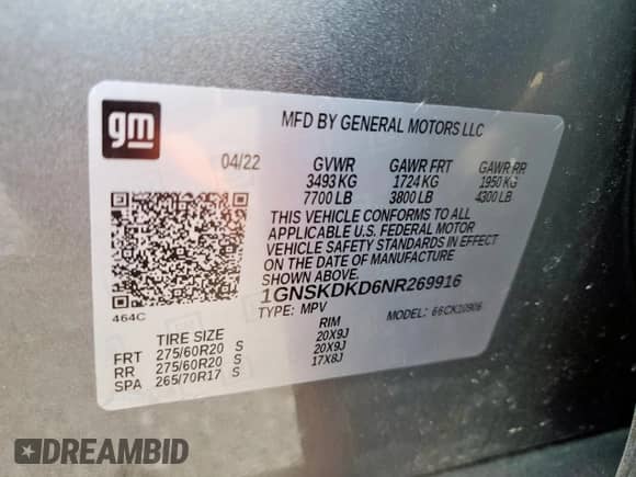 2022 Chevrolet Suburban Z71 with VIN 1GNSKDKD6NR269916, listed as a Copart auction lot 66404875 with 35,824 mi miles and Clean title. Bid and sale history available at DreamBid. Image 14.