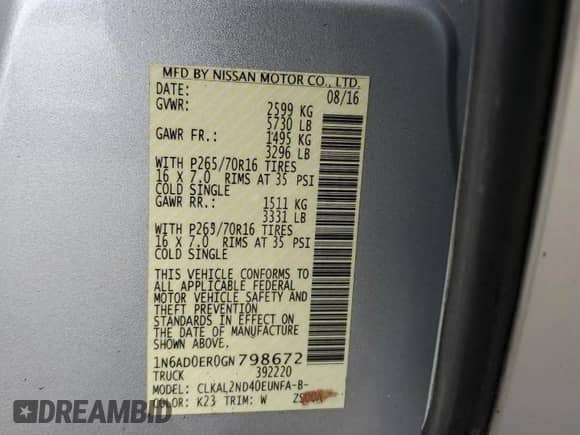 2016 Nissan Frontier SV с VIN 1N6AD0ER0GN798672, выставлен на аукционе Copart как лот 84835795 с пробегом 124 662 миль миль и Списание • Salvage title. История ставок и продаж доступна на DreamBid. Изображение 12.