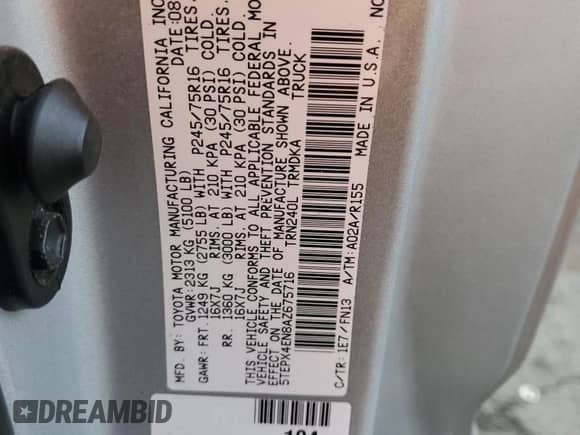 2010 Toyota Tacoma with VIN 5TEPX4EN8AZ675716, listed as a Copart auction lot 51425055 with 139,647 mi miles and Salvage title. Bid and sale history available at DreamBid. Image 12.