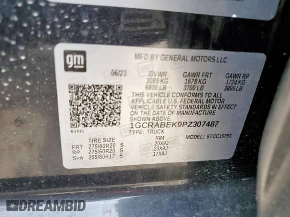2023 Chevrolet Silverado 1500 Custom with VIN 1GCRABEK9PZ307487, listed as a Copart auction lot 57724405 with 66,726 mi miles and Salvage title. Bid and sale history available at DreamBid. Image 12.