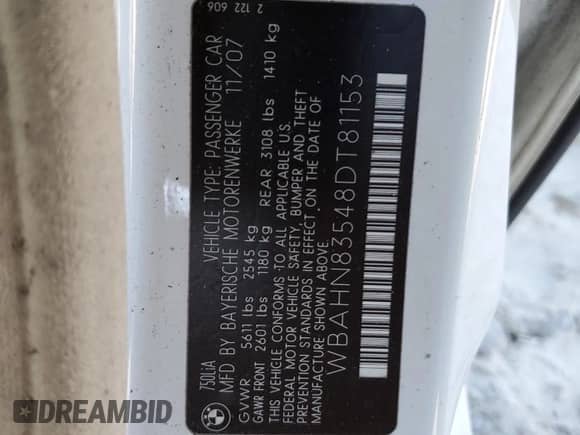 2008 BMW 7 Series 750Li z VIN WBAHN83548DT81153, wystawiony jako Copart lot #80121475 z przebiegiem 197 950 mil mil oraz Szkoda całkowita • Salvage title. Historia ofert i sprzedaży dostępna na DreamBid. Obrazek 12.