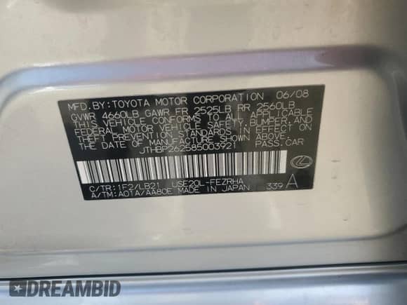 2008 Lexus IS F with VIN JTHBP262585003921, listed as a Copart auction lot 82384074 with 104,117 mi miles and Salvage title. Bid and sale history available at DreamBid. Image 14.