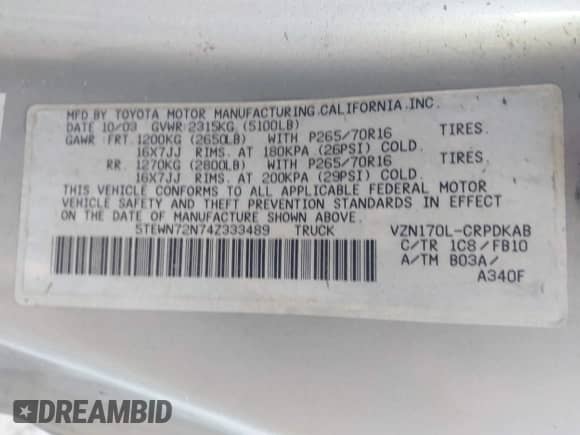 2004 Toyota Tacoma с VIN 5TEWN72N74Z333489, выставлен на аукционе IAAI как лот 43416464 с пробегом 66 072 миль миль и . История ставок и продаж доступна на DreamBid. Изображение 9.