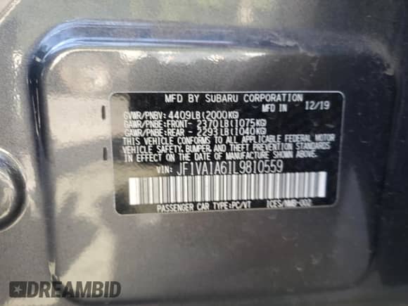 2020 Subaru WRX with VIN JF1VA1A61L9810559, listed as a Copart auction lot 71215395 with 84,597 mi miles and Salvage title. Bid and sale history available at DreamBid. Image 12.