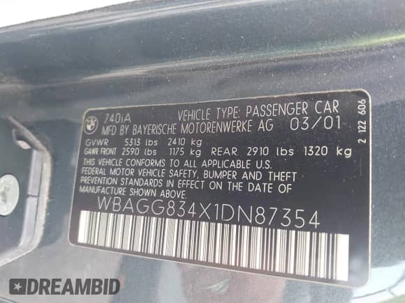 2001 BMW 7 Series 740i with VIN WBAGG834X1DN87354, listed as a IAAI auction lot 42749277 with Not provided miles and . Bid and sale history available at DreamBid. Image 9.