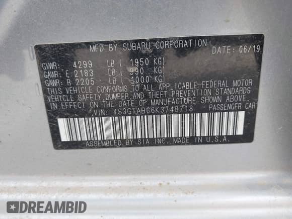 2019 Subaru Impreza z VIN 4S3GTAB66K3748718, wystawiony jako IAAI lot #41207389 z przebiegiem Nie podano mil oraz . Historia ofert i sprzedaży dostępna na DreamBid. Obrazek 9.