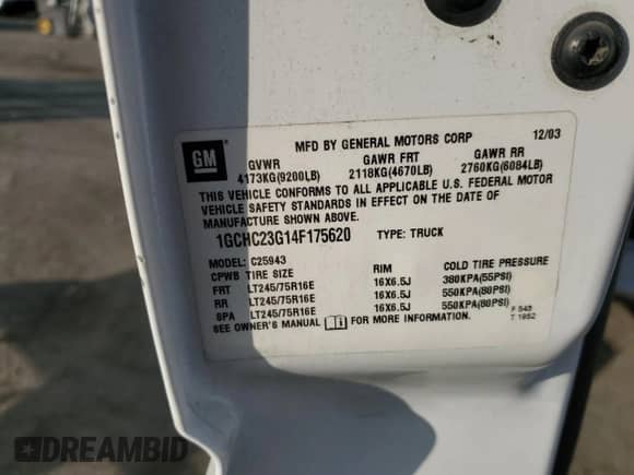 2004 Chevrolet Silverado 2500HD LS with VIN 1GCHC23G14F175620, listed as a Copart auction lot 86104424 with Not provided miles and Salvage title. Bid and sale history available at DreamBid. Image 14.