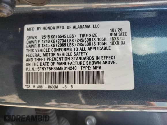 2021 Honda Pilot EX with VIN 5FNYF5H35MB014240, listed as a Copart auction lot 63614555 with 122,078 mi miles and Salvage title. Bid and sale history available at DreamBid. Image 13.