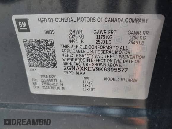 2019 Chevrolet Equinox LT с VIN 2GNAXKEV9K6305577, выставлен на аукционе IAAI как лот 43212581 с пробегом 66 255 миль миль и . История ставок и продаж доступна на DreamBid. Изображение 9.