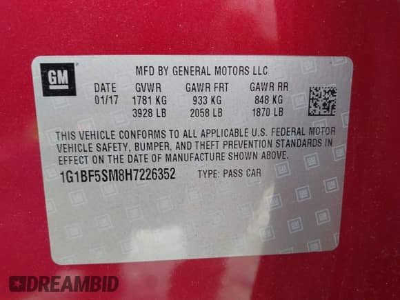 2017 Chevrolet Cruze Premier z VIN 1G1BF5SM8H7226352, wystawiony jako IAAI lot #42875280 z przebiegiem 62 830 mil mil oraz . Historia ofert i sprzedaży dostępna na DreamBid. Obrazek 9.