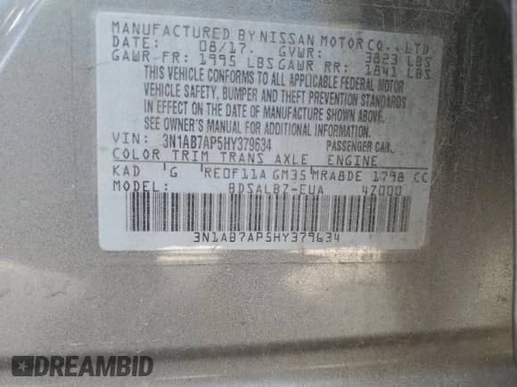 2017 Nissan Sentra S with VIN 3N1AB7AP5HY379634, listed as a Copart auction lot 80100695 with 156,272 mi miles and Clean title. Bid and sale history available at DreamBid. Image 12.