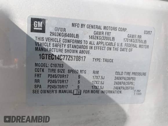 2007 GMC Sierra 1500 Work Truck с VIN 1GTEC14C77Z570817, выставлен на аукционе IAAI как лот 43057788 с пробегом 161 178 миль миль и . История ставок и продаж доступна на DreamBid. Изображение 9.