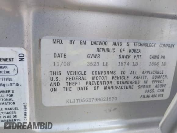 2009 Chevrolet Aveo 1LT с VIN KL1TD56E79B621570, выставлен на аукционе IAAI как лот 42781778 с пробегом 131 859 миль миль и . История ставок и продаж доступна на DreamBid. Изображение 9.