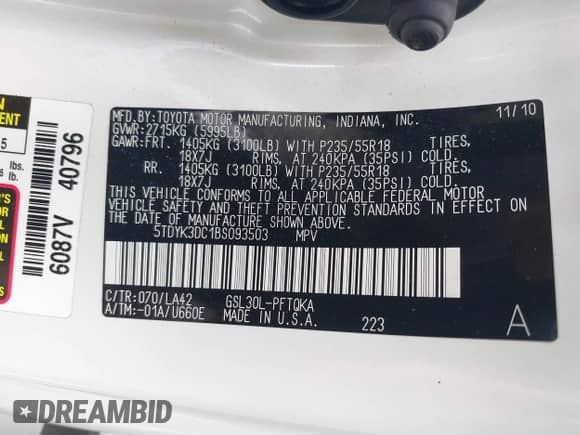 2011 Toyota Sienna XLE AAS with VIN 5TDYK3DC1BS093503, listed as a IAAI auction lot 42905980 with 87,000 mi miles and . Bid and sale history available at DreamBid. Image 9.