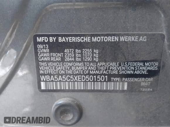 2014 BMW 5 Series 528i z VIN WBA5A5C5XED501501, wystawiony jako IAAI lot #43063194 z przebiegiem 145 415 mil mil oraz . Historia ofert i sprzedaży dostępna na DreamBid. Obrazek 9.