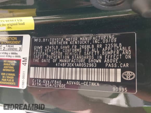 2010 Toyota Camry LE with VIN 4T4BF3EK1AR052963, listed as a IAAI auction lot 43277280 with 182,902 mi miles and . Bid and sale history available at DreamBid. Image 9.