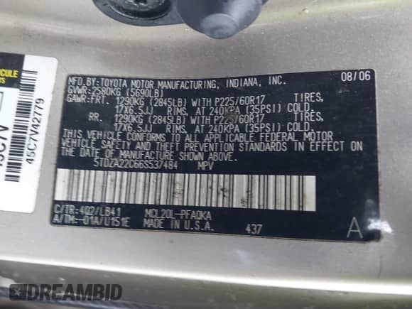 2006 Toyota Sienna XLE with VIN 5TDZA22C66S537484, listed as a IAAI auction lot 41778170 with 209,579 mi miles and . Bid and sale history available at DreamBid. Image 9.