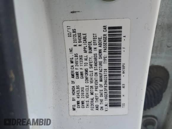 2017 Honda Accord Touring with VIN 1HGCR3F93HA026738, listed as a Copart auction lot 82107425 with Not provided miles and Non repairable. Bid and sale history available at DreamBid. Image 12.