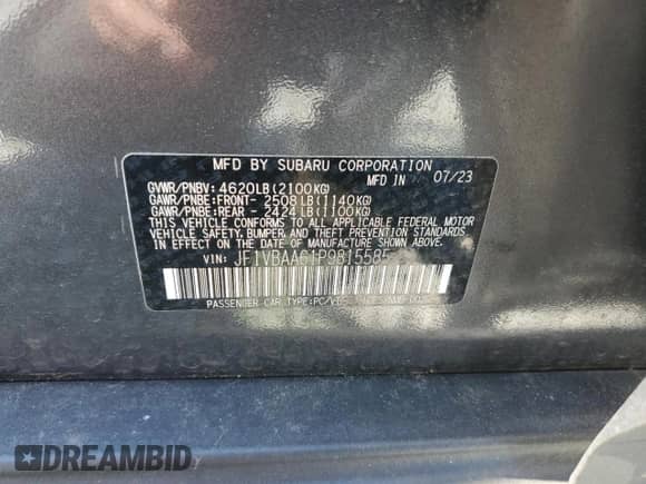 2023 Subaru WRX with VIN JF1VBAA61P9815585, listed as a Copart auction lot 70545975 with 8,542 mi miles and Salvage title. Bid and sale history available at DreamBid. Image 13.