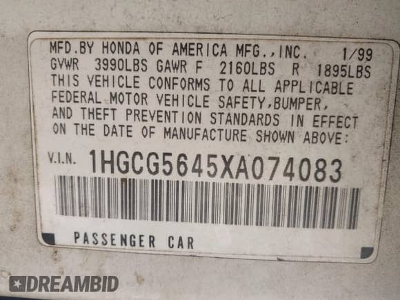 1999 Honda Accord LX z VIN 1HGCG5645XA074083, wystawiony jako IAAI lot #43447865 z przebiegiem 60 494 mil mil oraz . Historia ofert i sprzedaży dostępna na DreamBid. Obrazek 9.