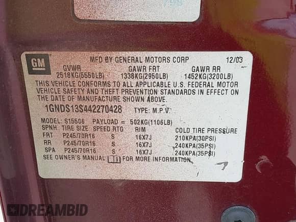 2004 Chevrolet TrailBlazer LT с VIN 1GNDS13S442270428, выставлен на аукционе IAAI как лот 42529121 с пробегом 252 377 миль миль и . История ставок и продаж доступна на DreamBid. Изображение 9.