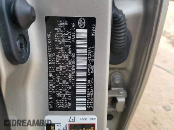 2015 Toyota Camry LE с VIN 4T1BD1FK3FU154193, выставлен на аукционе Copart как лот 85290175 с пробегом 138 034 миль миль и Списание • Salvage title. История ставок и продаж доступна на DreamBid. Изображение 12.