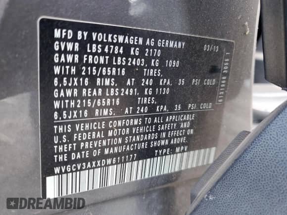 2013 Volkswagen Tiguan with VIN WVGCV3AXXDW611177, listed as a Copart auction lot 82296484 with 95,814 mi miles and Clean title. Bid and sale history available at DreamBid. Image 12.