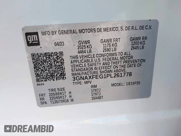 2023 Chevrolet Equinox LS с VIN 3GNAXFEG1PL261778, выставлен на аукционе IAAI как лот 40983101 с пробегом 25 007 миль миль и . История ставок и продаж доступна на DreamBid. Изображение 9.