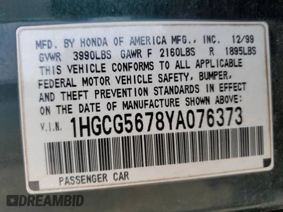 2000 Honda Accord SE with VIN 1HGCG5678YA076373, listed as a Copart auction lot 63938125 with 133,716 mi miles and Non repairable. Bid and sale history available at DreamBid. Image 13.
