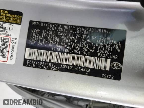 2007 Toyota Camry CE z VIN 4T1BE46K57U541165, wystawiony jako Copart lot #82333615 z przebiegiem 148 405 mil mil oraz Szkoda całkowita • Salvage title. Historia ofert i sprzedaży dostępna na DreamBid. Obrazek 12.