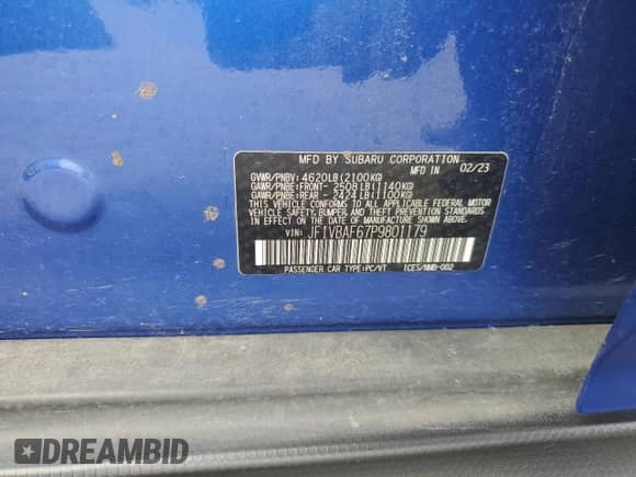 2023 Subaru WRX Premium с VIN JF1VBAF67P9801179, выставлен на аукционе Copart как лот 81262745 с пробегом 27 804 миль миль и Списание • Salvage title. История ставок и продаж доступна на DreamBid. Изображение 13.