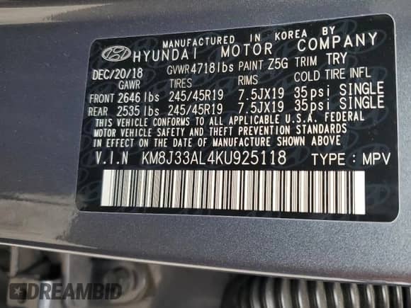 2019 Hyundai Tucson Night Edition с VIN KM8J33AL4KU925118, выставлен на аукционе Copart как лот 36135923 с пробегом 47 936 миль миль и . История ставок и продаж доступна на DreamBid. Изображение 12.