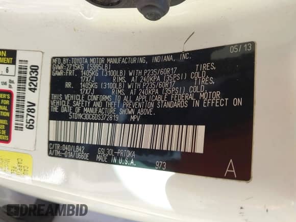 2013 Toyota Sienna XLE AAS with VIN 5TDYK3DC6DS372819, listed as a IAAI auction lot 41395777 with 181,526 mi miles and . Bid and sale history available at DreamBid. Image 9.
