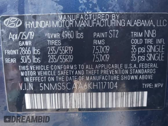 2019 Hyundai Santa Fe Ultimate с VIN 5NMS5CAA6KH117104, выставлен на аукционе IAAI как лот 41639157 с пробегом 75 507 миль миль и . История ставок и продаж доступна на DreamBid. Изображение 9.