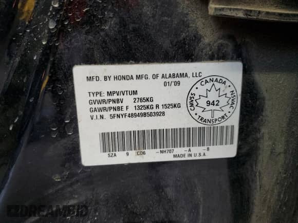 2009 Honda Pilot Touring with VIN 5FNYF48949B503928, listed as a Copart auction lot 81674065 with 172,293 mi miles and Salvage title. Bid and sale history available at DreamBid. Image 13.