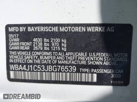 2018 BMW 4 Series 430i with VIN WBA4J1C53JBG76539, listed as a IAAI auction lot 43082086 with 93,158 mi miles and . Bid and sale history available at DreamBid. Image 9.