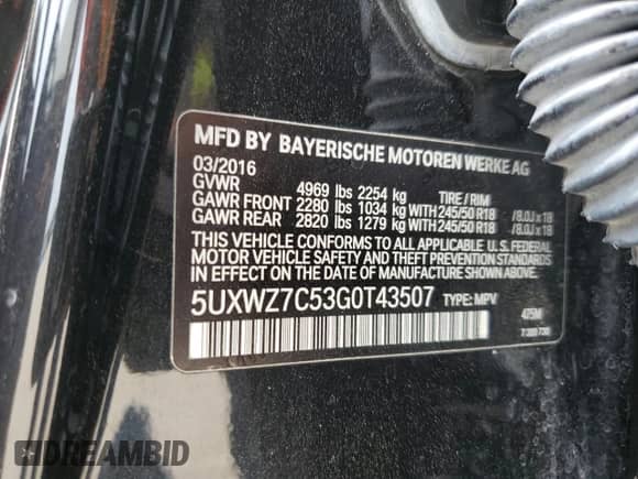 2016 BMW X3 sDrive28i with VIN 5UXWZ7C53G0T43507, listed as a Copart auction lot 55060905 with Not provided miles and Salvage title. Bid and sale history available at DreamBid. Image 13.