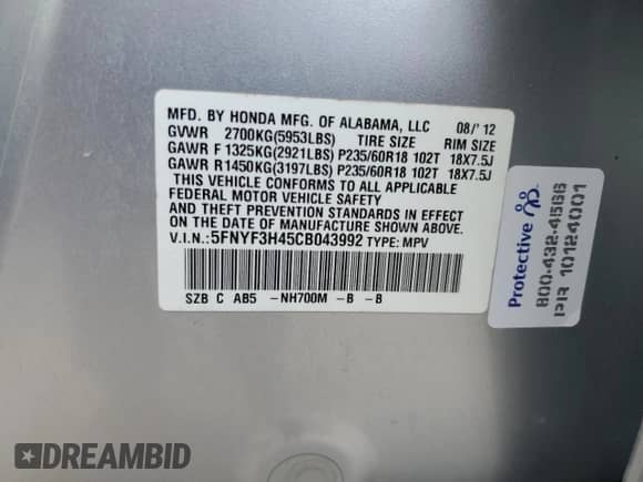 2012 Honda Pilot EX with VIN 5FNYF3H45CB043992, listed as a Copart auction lot 80548765 with 187,779 mi miles and Salvage title. Bid and sale history available at DreamBid. Image 13.