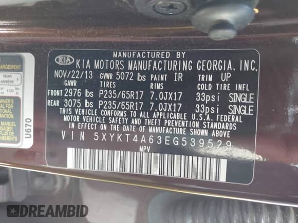 2014 Kia Sorento LX z VIN 5XYKT4A63EG539529, wystawiony jako IAAI lot #43125158 z przebiegiem 103 449 mil mil oraz . Historia ofert i sprzedaży dostępna na DreamBid. Obrazek 9.