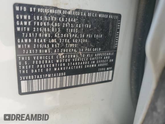 2023 Volkswagen Tiguan S с VIN 3VVRB7AX1PM141898, выставлен на аукционе Copart как лот 67299095 с пробегом 17 451 миль миль и Списание • Salvage title. История ставок и продаж доступна на DreamBid. Изображение 13.