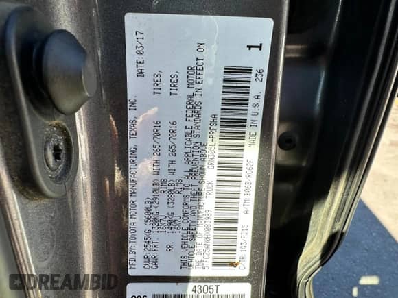 2017 Toyota Tacoma SR5 with VIN 5TFCZ5AN0HX083989, listed as a Copart auction lot 85334725 with 208,166 mi miles and Clean title. Bid and sale history available at DreamBid. Image 10.