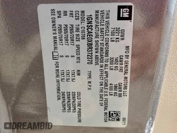 2011 Chevrolet Tahoe LS с VIN 1GNSCAE0XBR372370, выставлен на аукционе Copart как лот 81262105 с пробегом Не указан миль и Чистый • Clean title. История ставок и продаж доступна на DreamBid. Изображение 12.